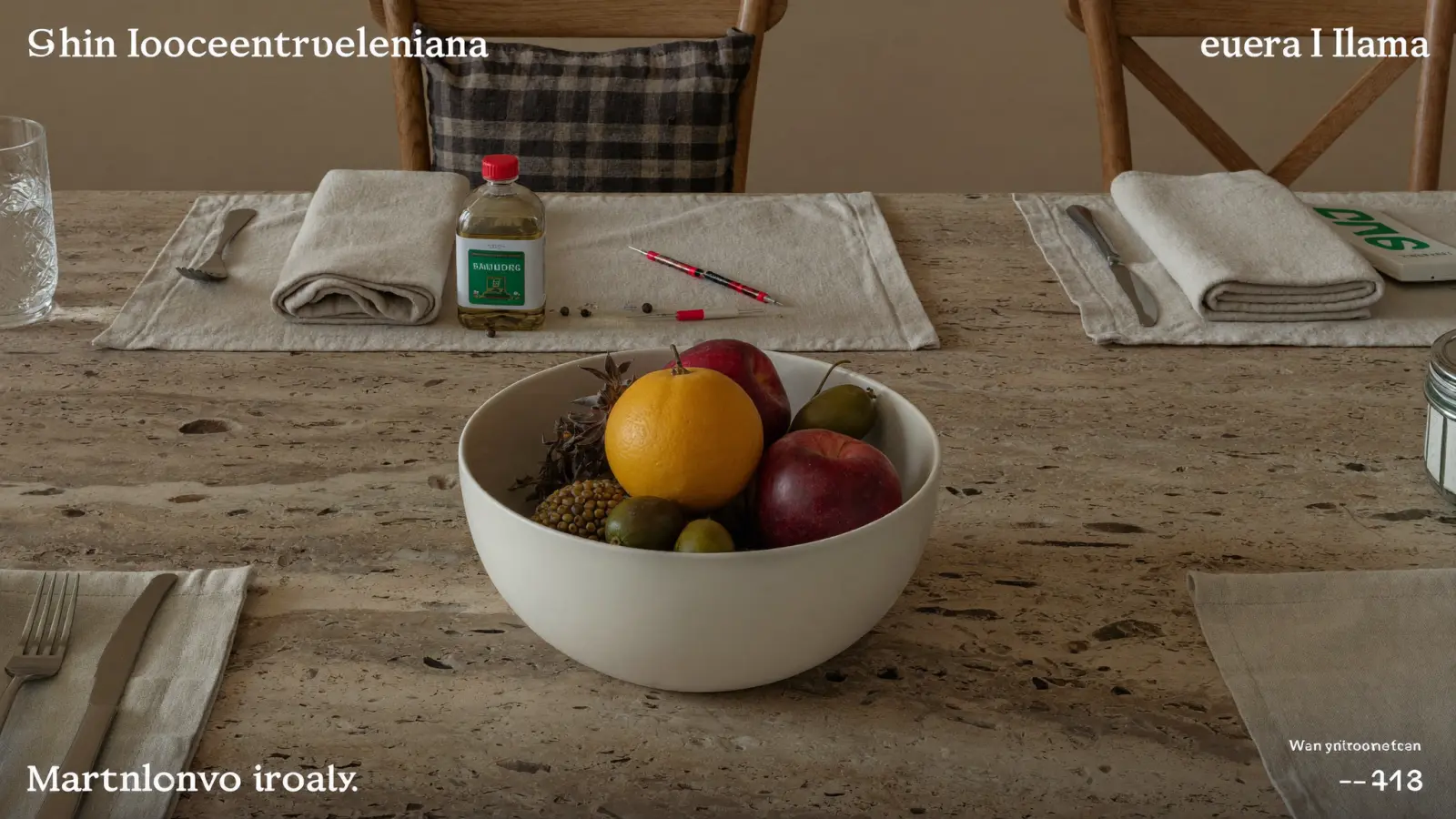 Frutas mediterráneas y lino sobre mesa de piedra con luz natural suave.