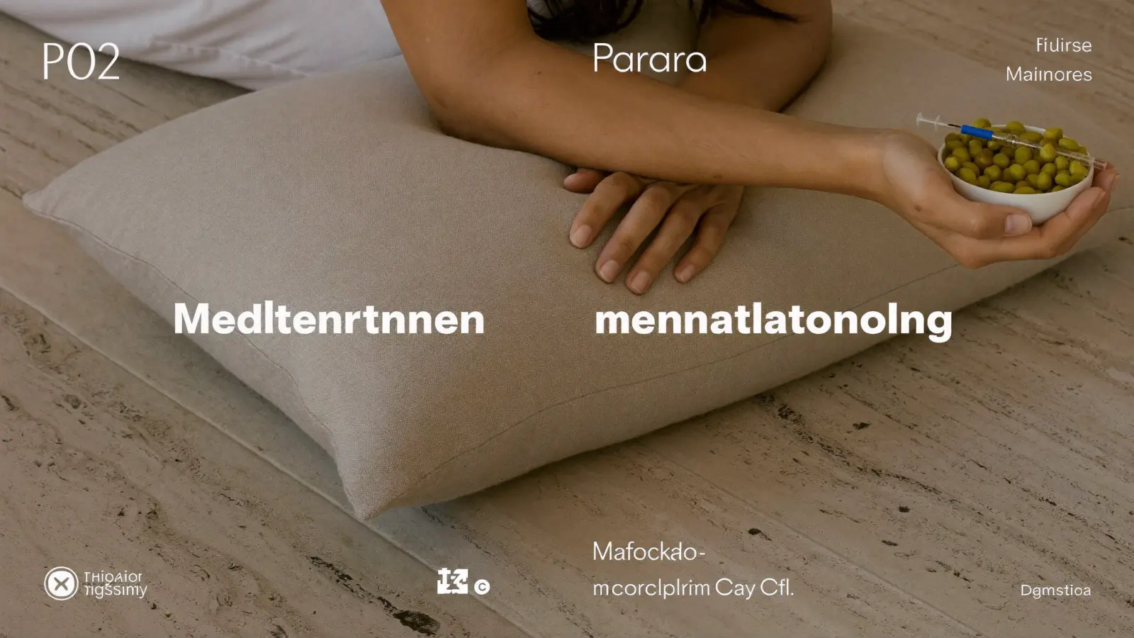 Antebrazos relajados sobre cojín de lino con luz natural mediterránea.
