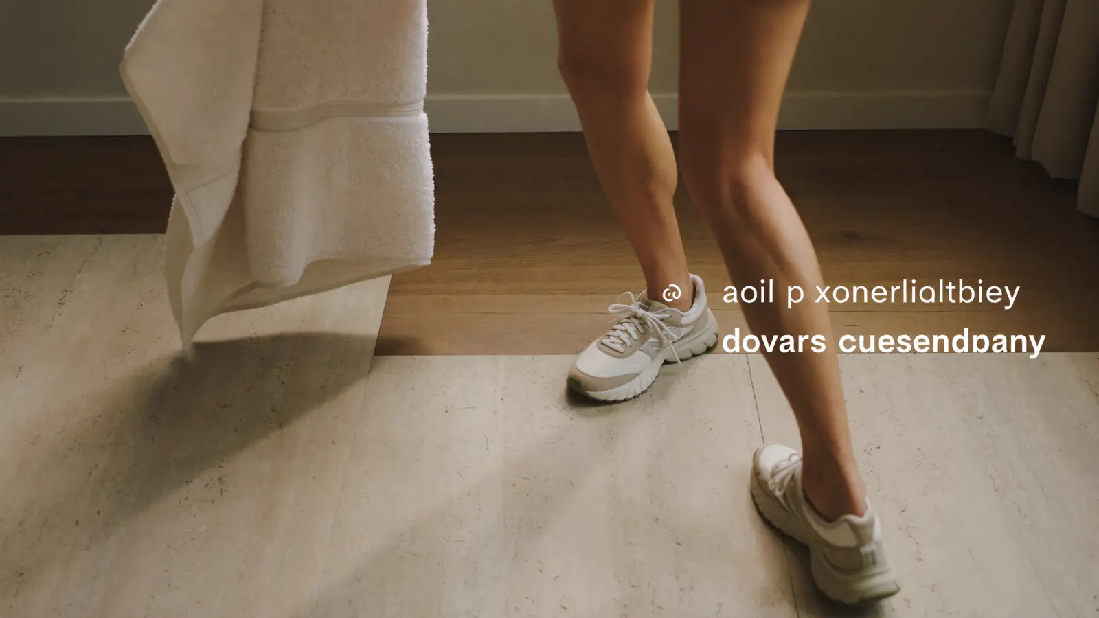 Zapatillas y toalla de lino junto a ventana con luz de movimiento suave.