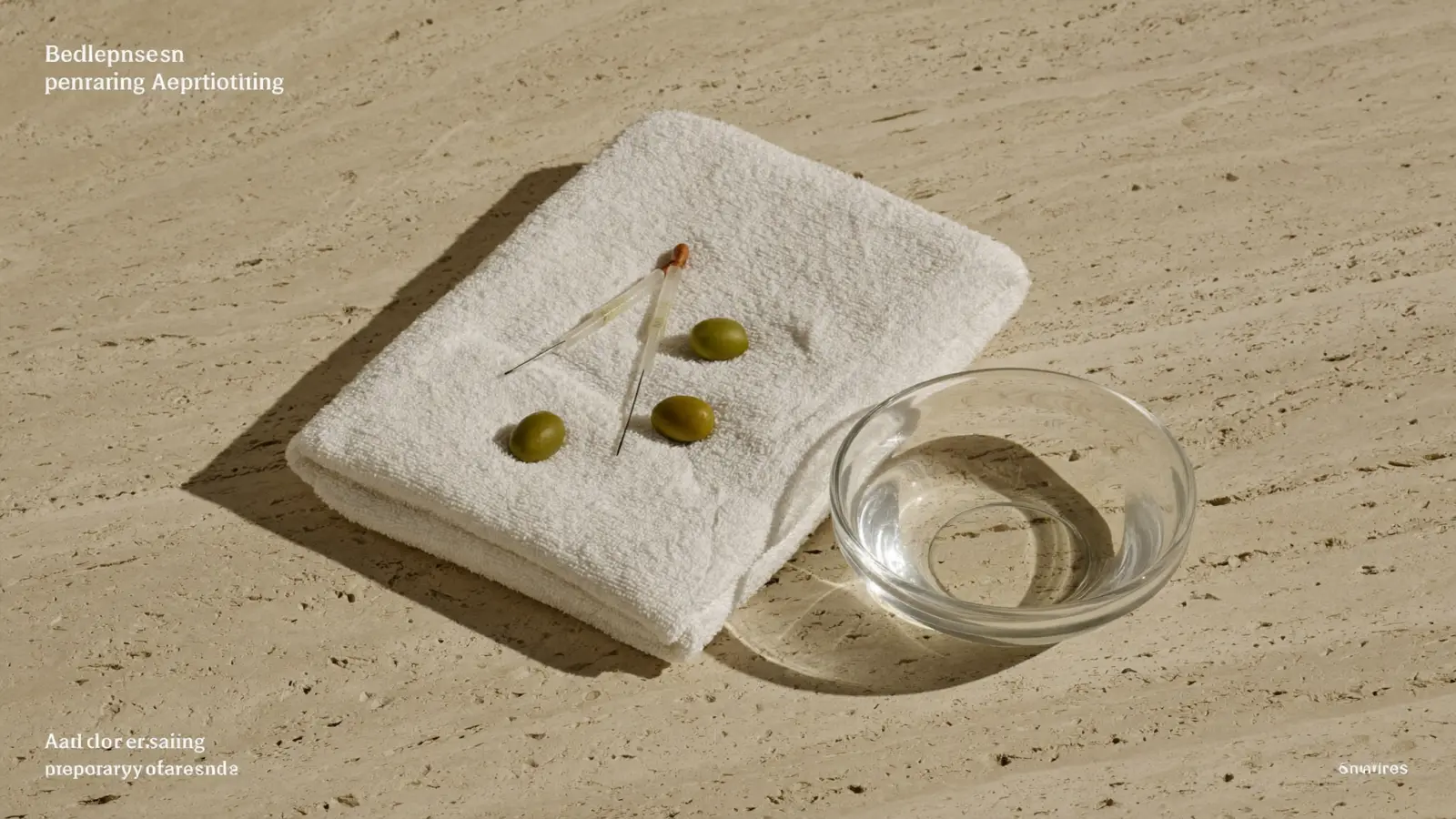 Bodegón de preparación con toalla de lino doblada, agua en cerámica clara y luz matinal.